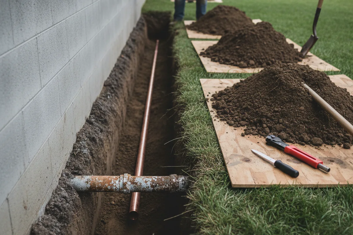 Excavated water line trench during Sewer Line Repair in Goldsboro